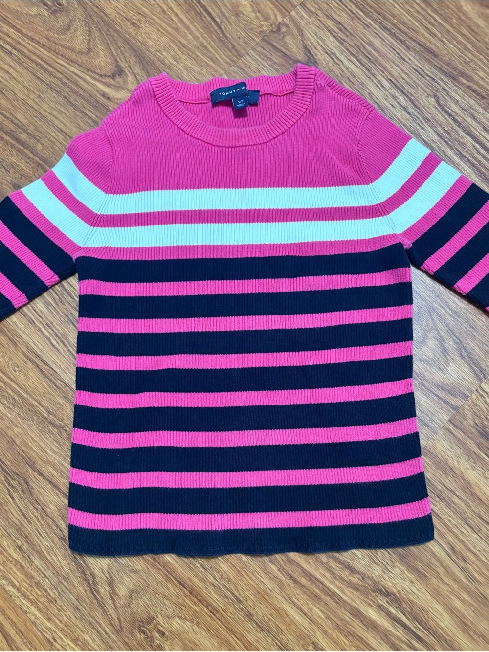 Tommy Hilfiger Hot Pink, Navy & White Striped Crewneck Sweater - Size Small